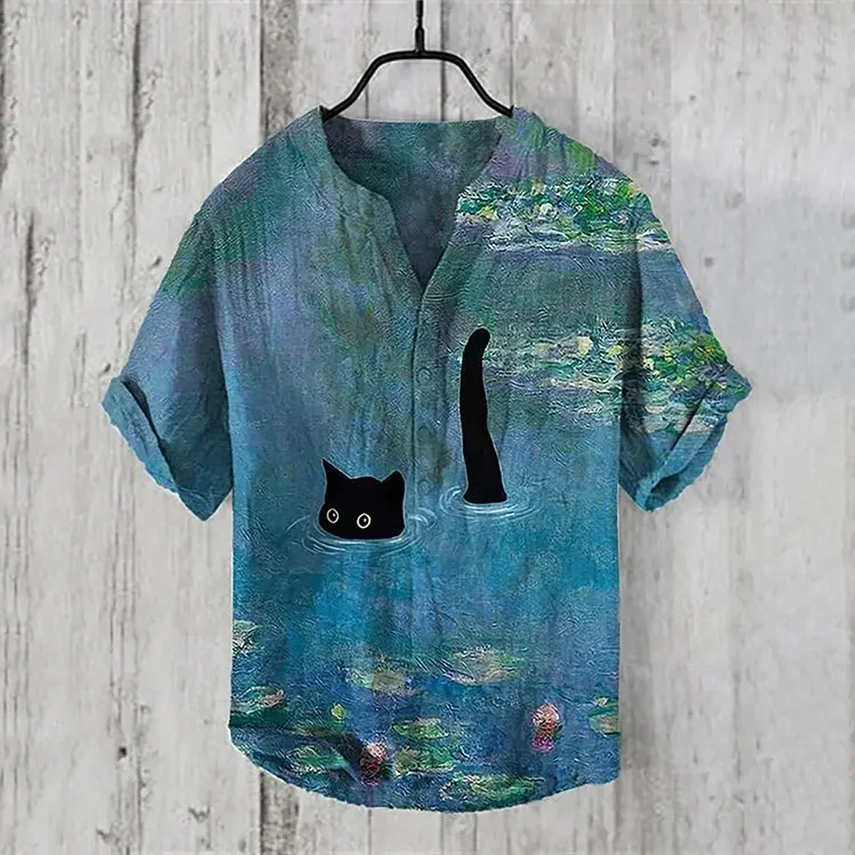 

Men's Linen Short Sleeve Shirt Casual Luxury Social Fashion Cat Hawaiian Short Sleeve Shirt Elegant Vintage Short Sleeve Shirt