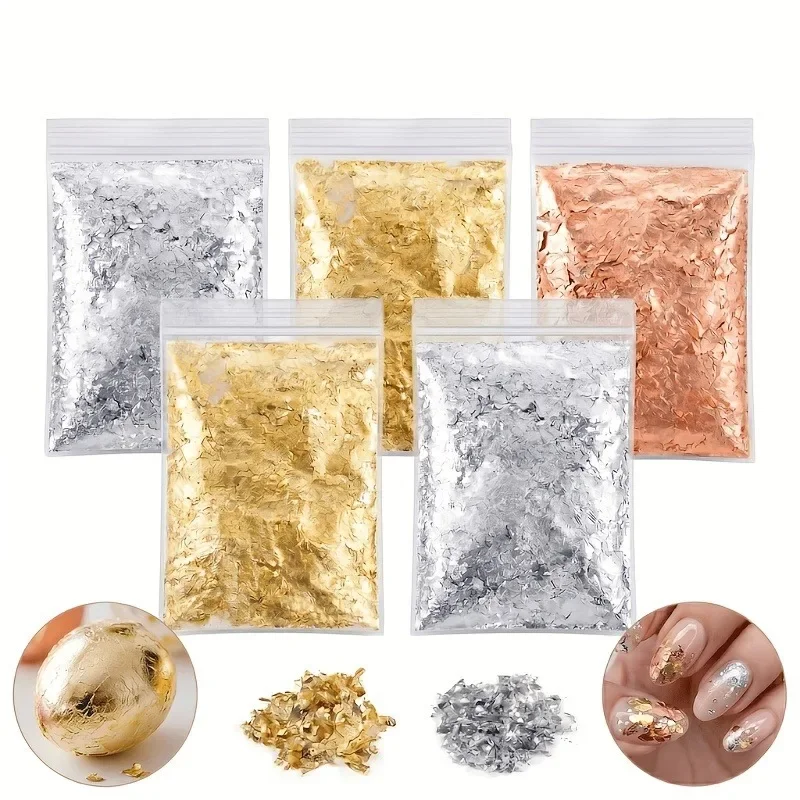 Imitation Gold Silver Rose Gold Foil Flakes, Metal Foil Paper for Resin, Nail Art, Painting, Handicrafts & Home Decoration