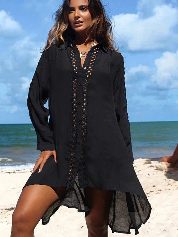 2025 nuevo Bikini Cover-Ups mujer playa cubrir ahuecado cuello vuelto vestido de una sola botonadura moda de verano ropa de playa femenina