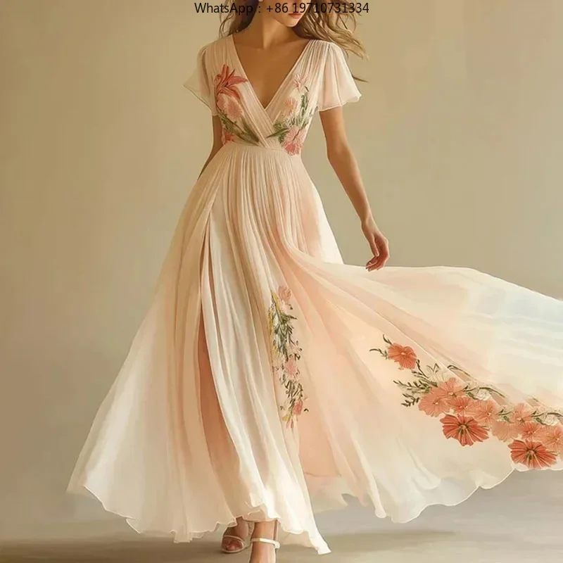 Fashion Pattern Printed Short Sleeve Party Dress Woman Sexy V Neck Pleated Long Robes Summer Vacation Elastic Waist Boho Dresses