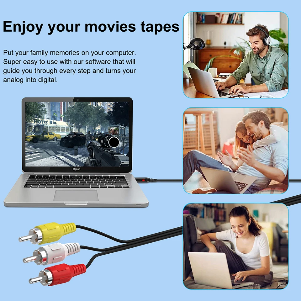 USB Video Capture Card VHS to Digital RCA to USB 2.0 Audio Capture Device Adapter Converter Easy to Cap VCR DVR TV for Win7/8/10