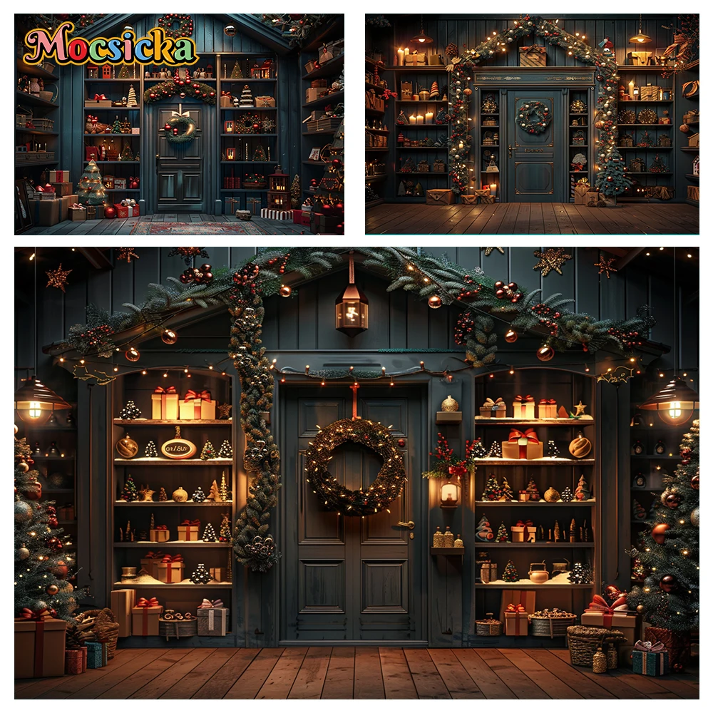 

Mocsicka Winter Christmas Photography Background Brown Door Xmas Tree Holiday Party Family Kids Photo Backdrops Studio