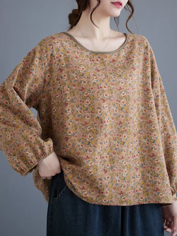 

Loose Fit Floral Print Long Sve Cotton Linen irt round Ne Vintage Sle Women's Casual irt Autumn Collection