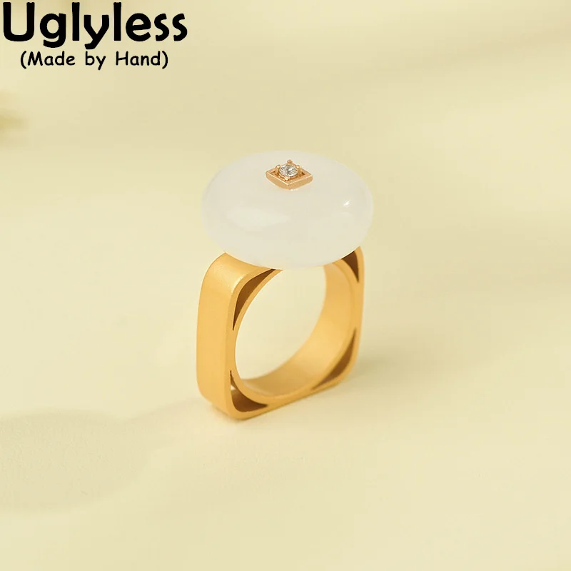 

Uglyless US#6.5 Creative Square Rings for Women Simple Gemstones Button Jade Rings Real 925 Sterling Silver Minimalist Jewelry