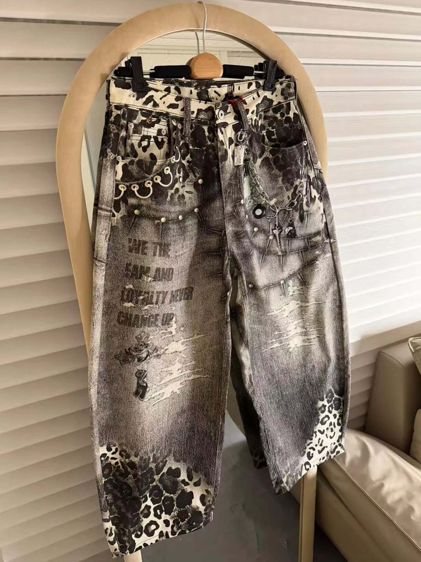 Calças Jeans Estilo Parisiense Retro Americano com Estampa Digital 3D de Pele de , Corte Solto e Perna Larga, para Homen...