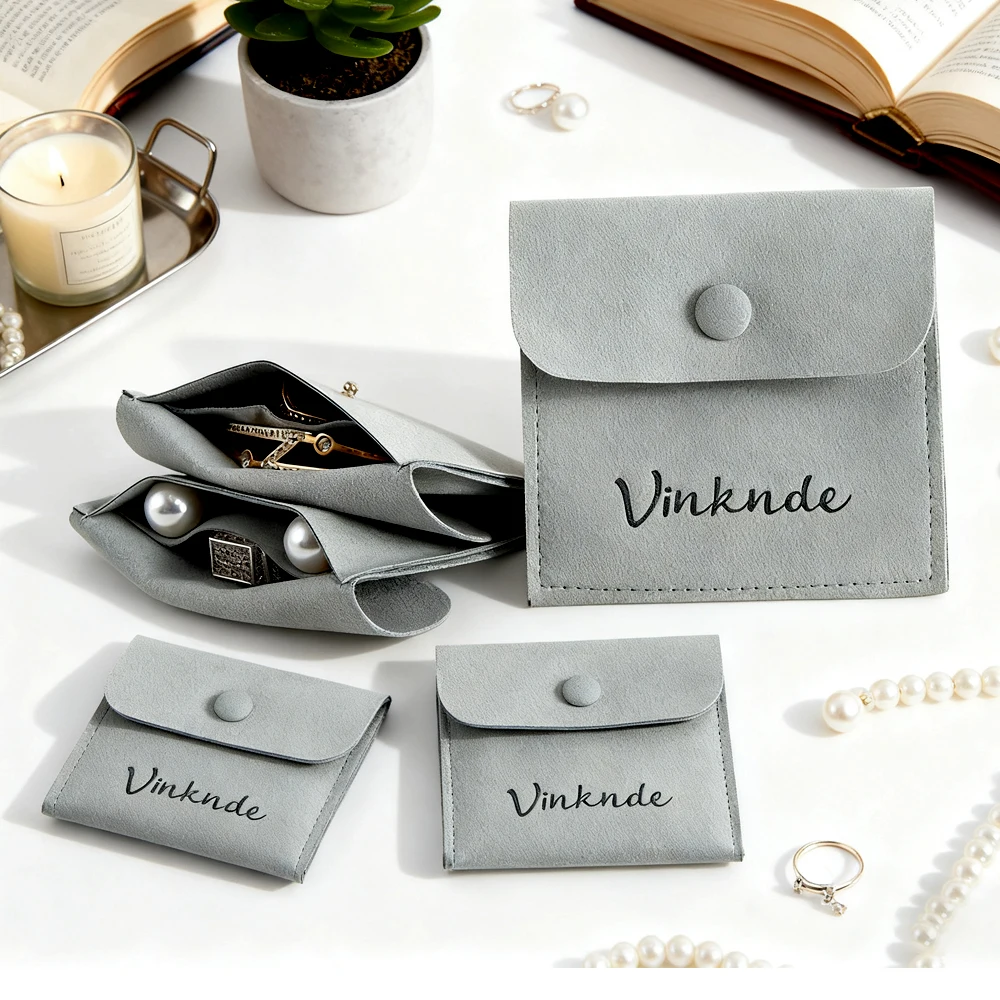 

50Pcs/Lot Personalized Logo 4x4'' Jewelry Microfiber Snap Bag With Divider Velvet Suede Flap Button Pouch Ring Earring Organizer