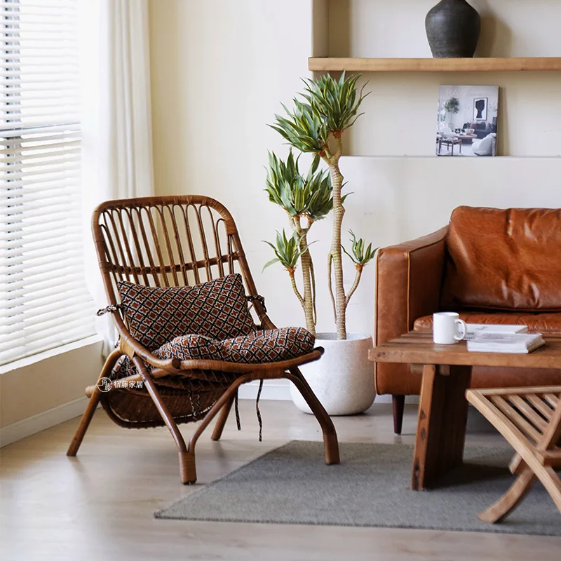 Nordic retro recliner natural Indonesian agate rattan chair household lazy sofa leisure chair siesta balcony rattan chair
