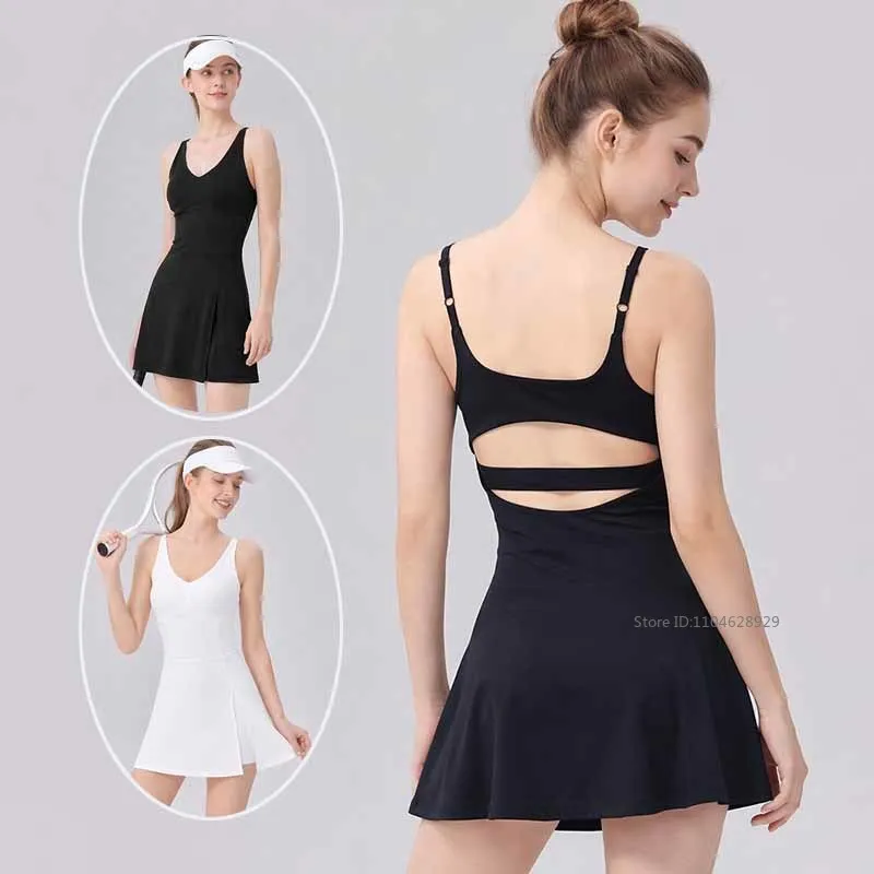 Women Slim Tennis Yoga Dress Sleeveless Skirt with Bra and Short Ladies V-Neck Split Quick Dry Golf Dress Yoga Workout Skort