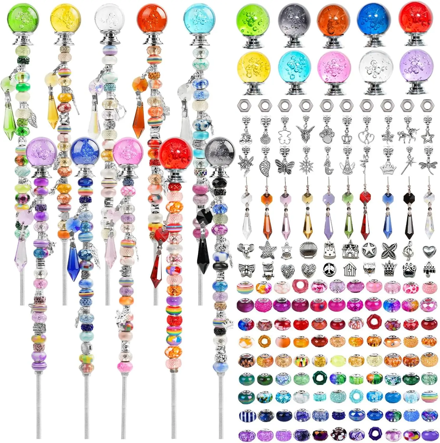 

280 Pcs Beaded Garden Stakes Kit DIY Fairy Wands for Garden with 10 Colorful Crystal Stopper Top 200 Assortment Round Large Hole