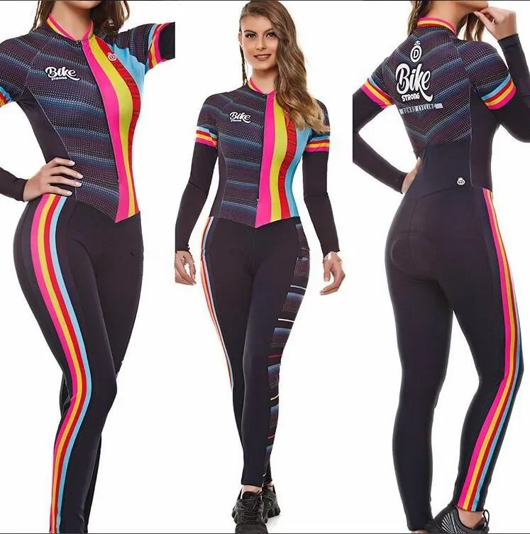 In Stock Women\'s Long Sleeve Pro Team Suit Cycling Jersey Skinsuit Jumpsuit Maillot Ropa Ciclismo Set Pink Gel