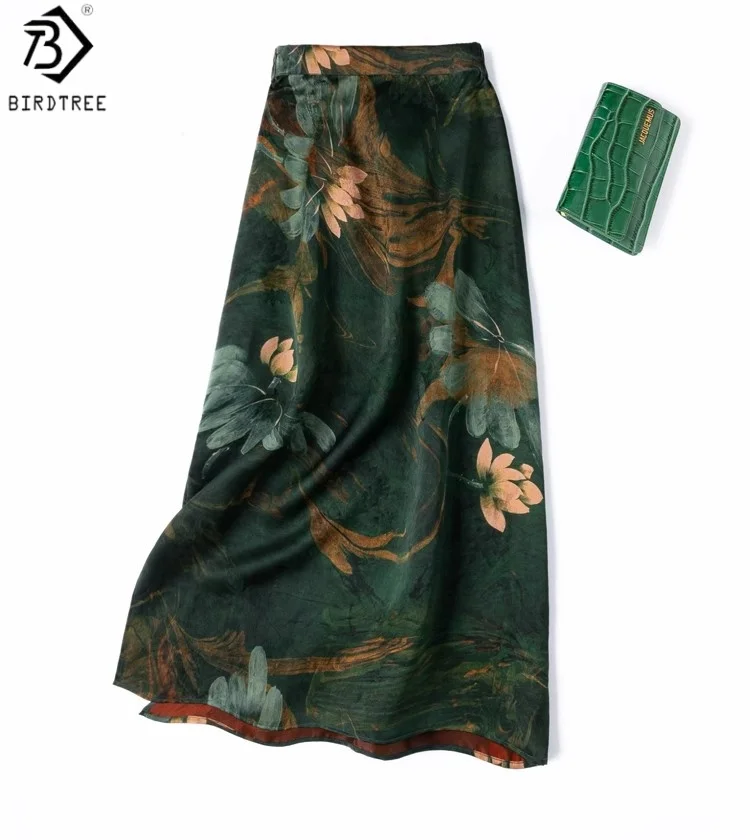 

Birdtree 100% Mulberry Silk Side Slit Skirt,Women Jacquard Elastic Waist Elegant Printing Straight Dresses,2025 New D56635JF