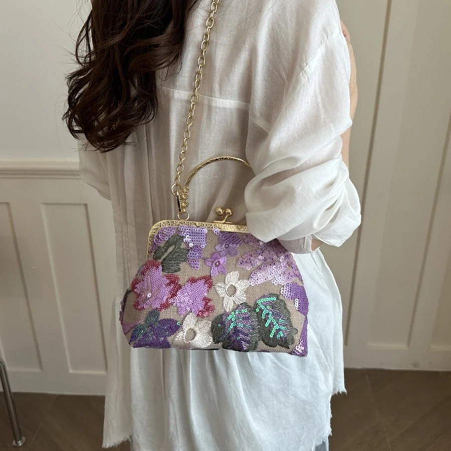 Sequins Embroidery Chains Crossbody Bag Multi-Color Leaf & Floral Small Square Bags for Women Clip Simple Women's Purse Handbags