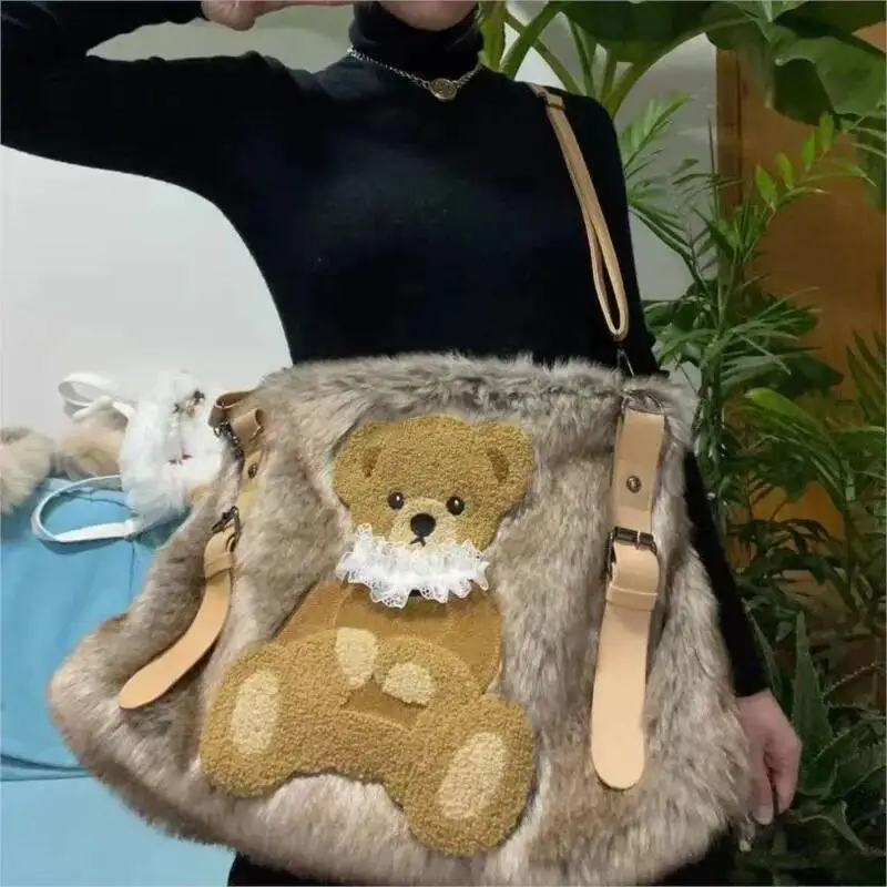 Bloom Vintage Bear Plush Y2k Handbag Women Hot Girl Sweet Casual Brown Shoulder Crossbody Bag Female Large Capacity Cute Purse