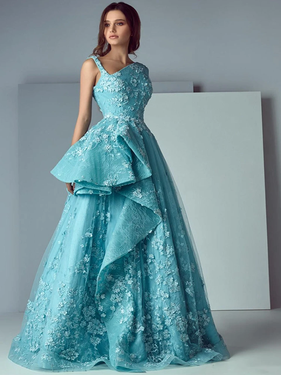 Niebieskie nieregularne rękawy formalne suknie wieczorowe aplikacje Tulle haftowane sukienki bez rękawów Porm Ruffles plisowane Vestidos