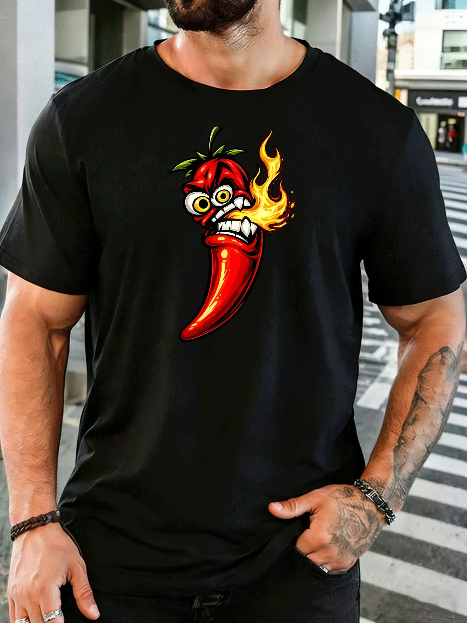 Cartoon Spicy Red Chili Breathing Fire Mens Front Print T Shirt Hot Pepper Graphic Tee Casual Short Sleeve Top Food Lover Gift