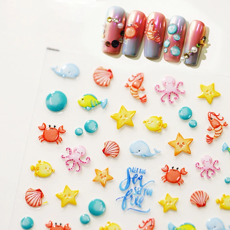 Ocean Crabs Lobster Starfish Octopus Shell Jelly Self Adhesive Nail Art Sticker Marine Animal 5D Embossed Relief Manicure Decals