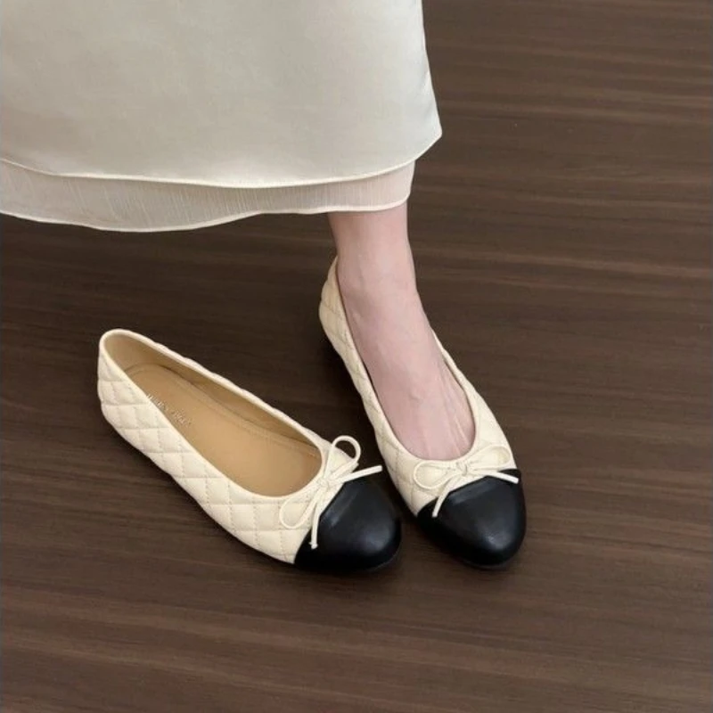 

High Quality Elegant Mary Jane Color Block Ballet Flats Women Round Toe Low Cut French Bow Diamond Pattern