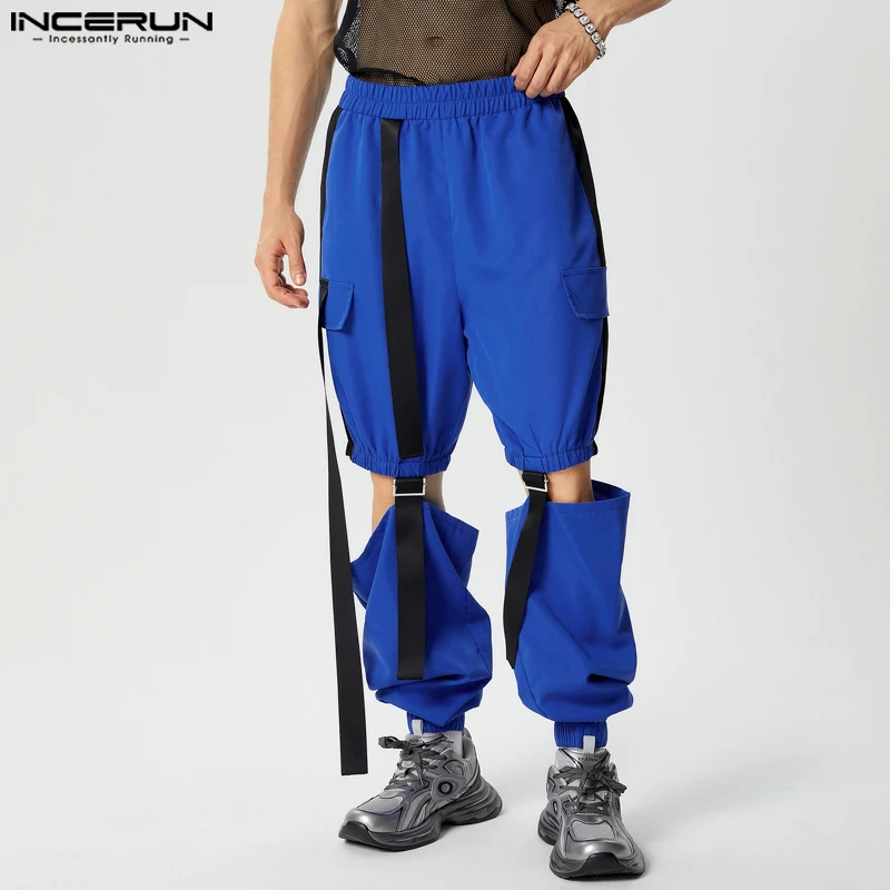 INCERUN 2024 American Style Trousers Sexy Fashion Men's Deconstructive Design Pants Streetwear Ribbon Contrast Hollow Pantalons