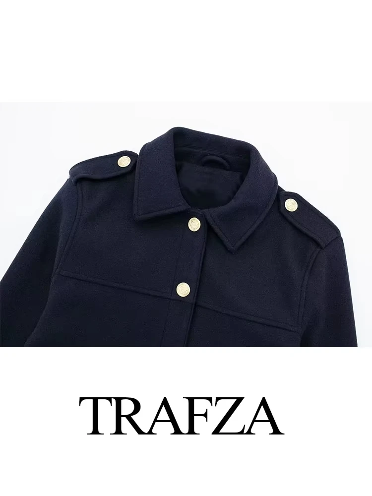 TRAFZA Female Autumn Fashion Casual Jacket Long Sleeves Lapel Coat Women\'s Chic Loose Single-breasted Solid Navy Retro Jacket