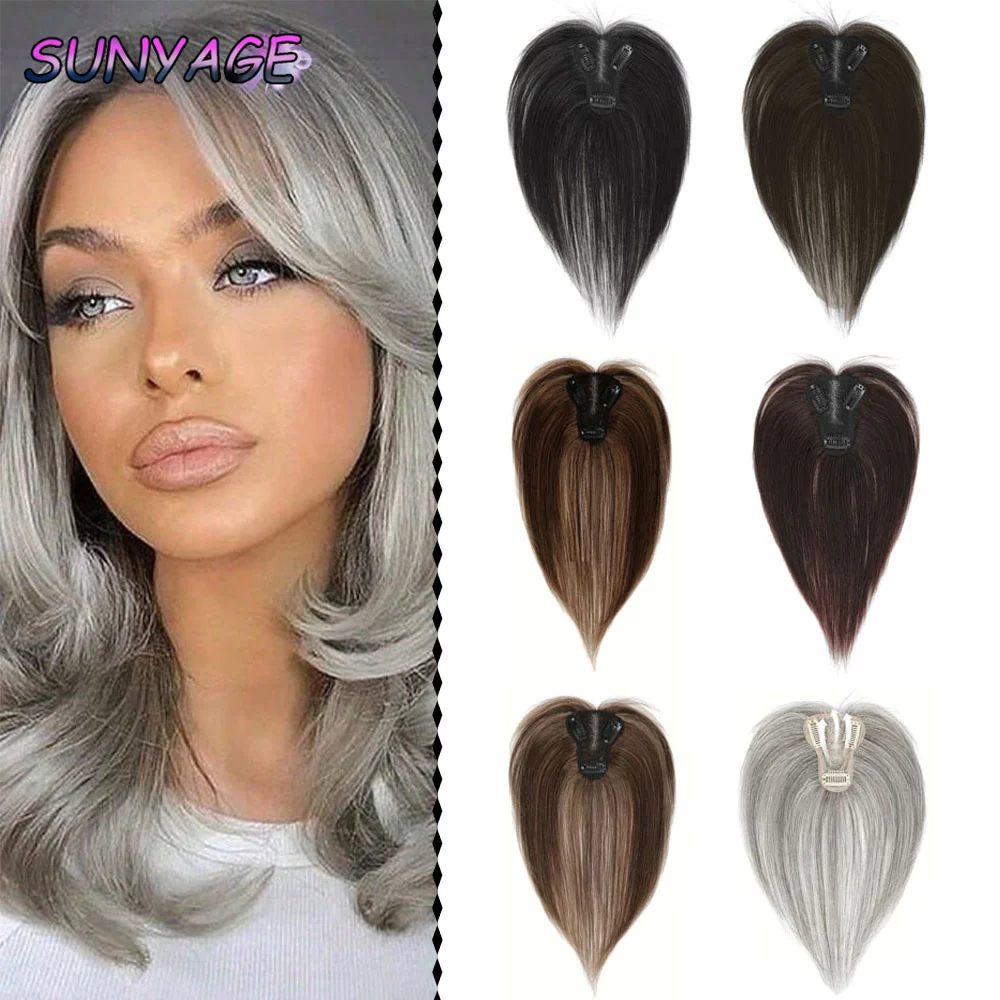 SUNYAGE Clip In Natural Synthetic Hair Bangs Fringe Hair Pieces Middle Part Hair Extension Topper For Women Hair Loss