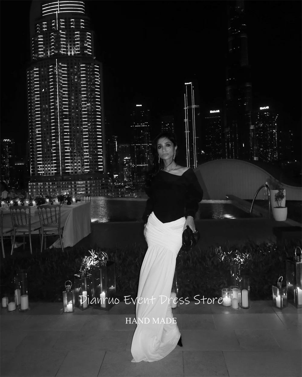 Dianruo Einzigartige Abendkleider mit asymmetrischem Kragen, gerüscht, lange Ballkleider, Chiffon, Schwarz, Weiß, formelle Roben, Bal de Promo, individuell gestaltet