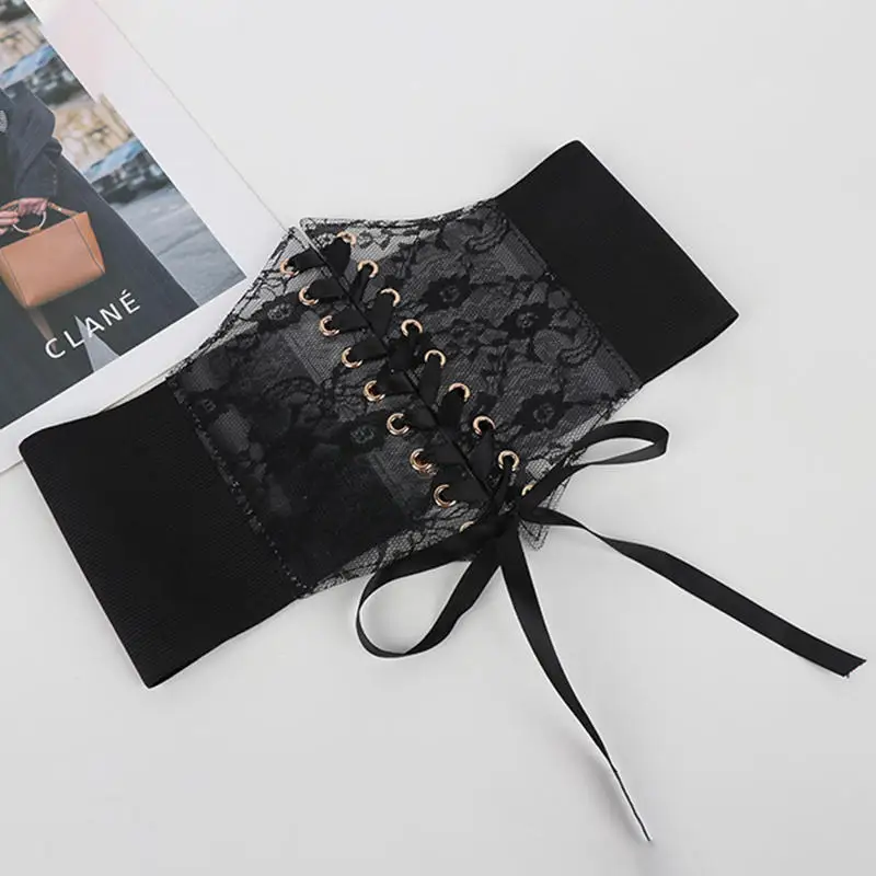 Women Wide Lace Corset Waist Belt Flower Embroidery Nylon Waistband Strap Stretchy Decorative Slimming Body Belts