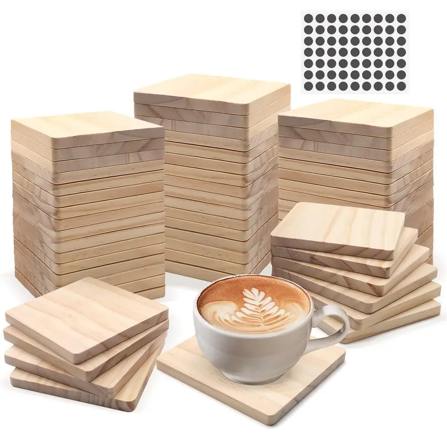 

PCS Unfinished Square Wood Coasters, 4 Inch Blank Wooden Craft Coasters with NonSlip Foam Pad Stickers for DIY Burning Stained P