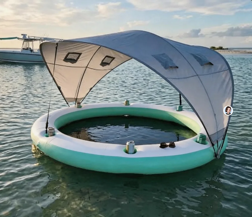 Inflatable Swimming Pool Float with Canopy Mesh Bottom Floating Water Hammock for Lake River Ocean