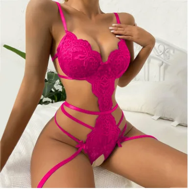 Hot Lace Bodysuit Babydoll Pajamas Set Garter Deep V Open Bra Crotchless Women\'s See-Through Corset Sex Lingerie Exotic Apparel