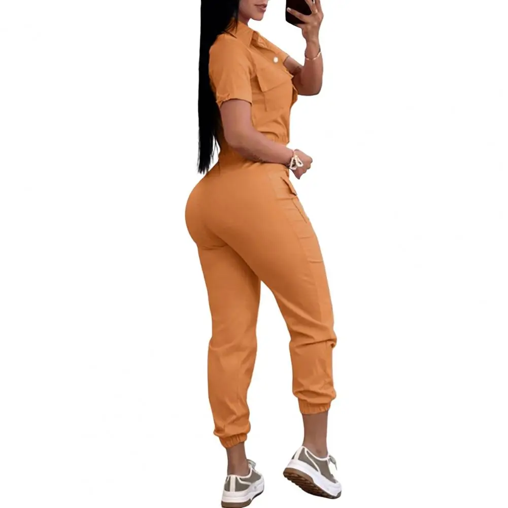 Klepzakken Jumpsuit Veelzijdige Cargo Jumpsuit Voor Dames, Stijlvolle Turn-Down Kraag, Slim Fit Met Elastische Taille Met Meerdere Zakken Voor Een