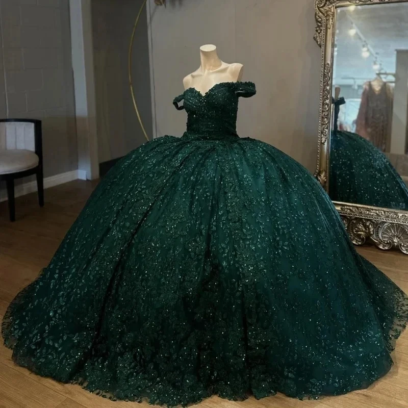 

Mexican Blackish Green Quinceanera Dressess Luxury Off The Shoulder Sequin Applique Lace Beads Tull vestido 15 De Corset Party