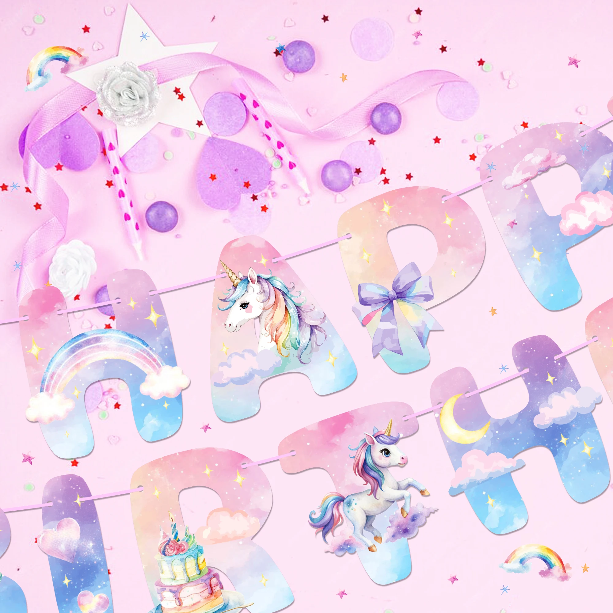 Einhorn Einweggeschirr Teller Servietten Tischdecke Cupcake-Ständer für Geburtstagsdekoration Partyzubehör – Detail 15
