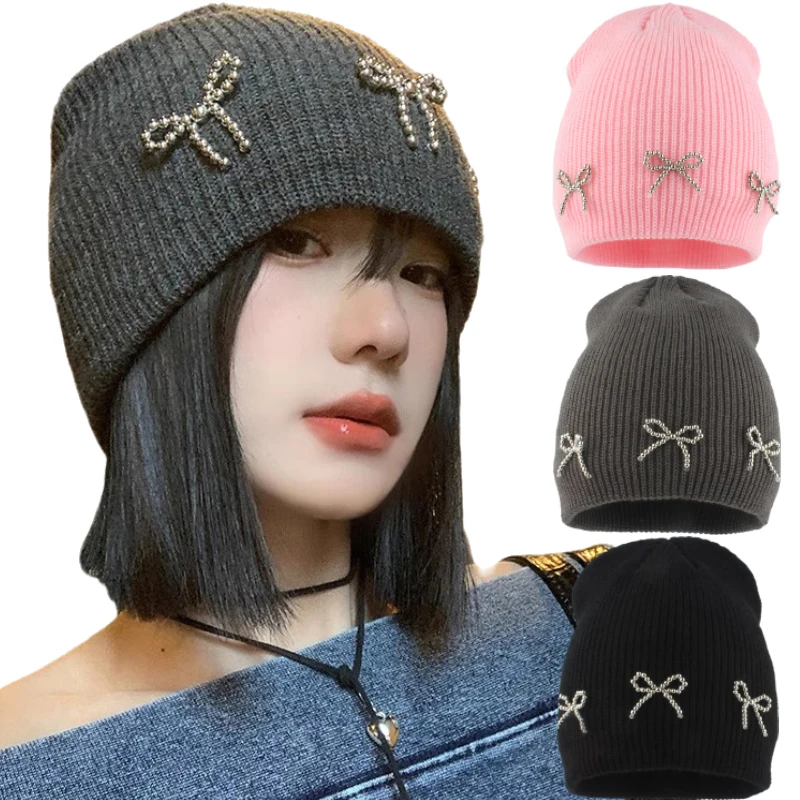 Sweet Bow Women Knitted Hat Korean Girl Beanies Hat Winter Warm Ear Protection Hats Thick Woolen Crochet Bonnet Earmuffs Cap