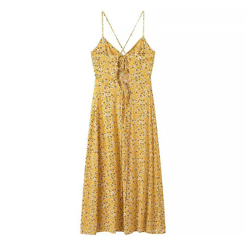 YENKYE-Robe à bretelles jaune à imprimé floral pour femmes, bretelles fines, col en V, A-ligne Midi, robes Boho de vacances pour femmes, robe à lacets, sexy, été