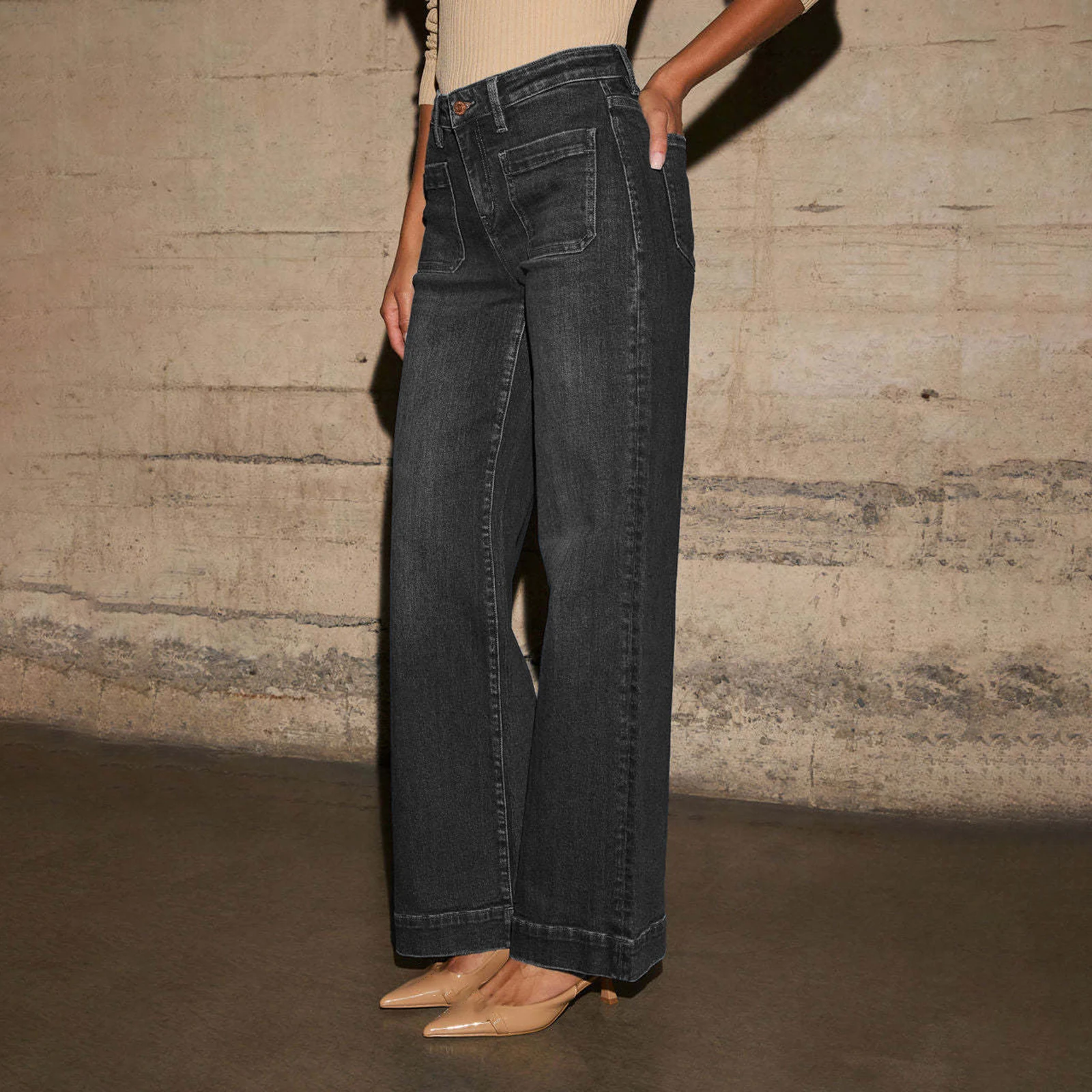 여성 와이드 레그 청바지 우아한 하이 웨이스트 솔리드 루즈 바지 포켓 포함 스트리트웨어