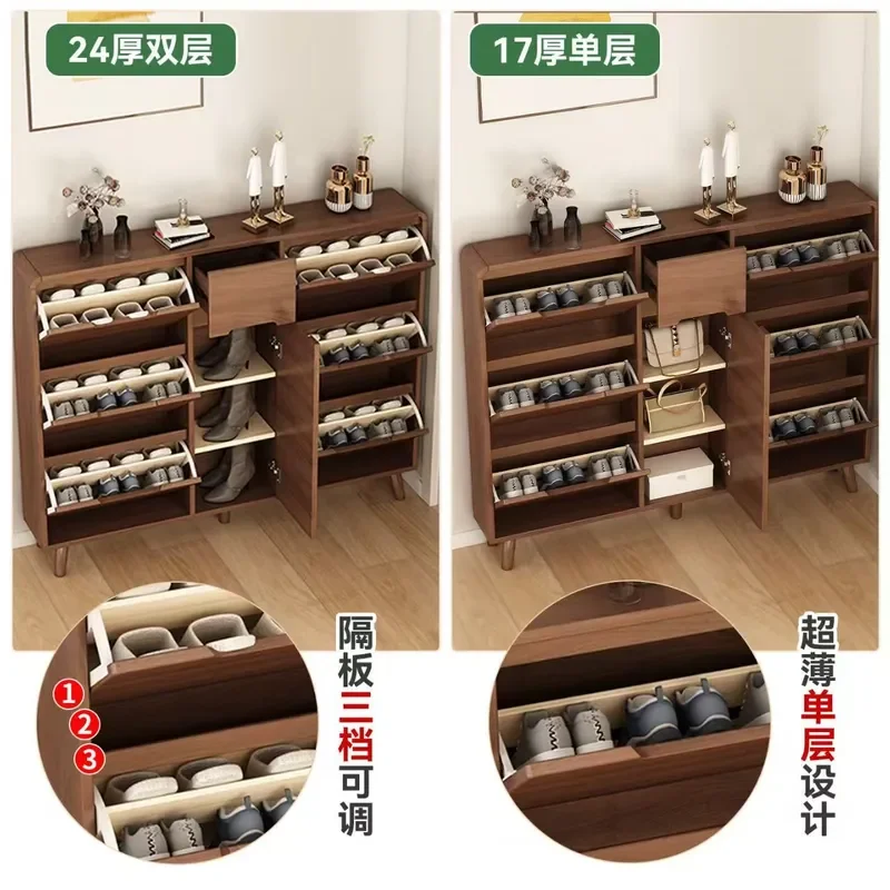 Ultra Thin Solid Wood Entryway Shoe Cabinet with Wall Mounted Coat Hooks Tipping Bucket Storage Rack for Hallway Home