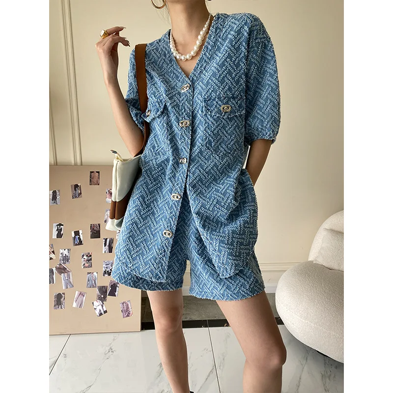 Spring Summer Women Denim Suit Fashion Commuter Loose Short-sleeved V-neck Denim Jacket Top Elastic Sleeve Denim Shorts 2pcs Set