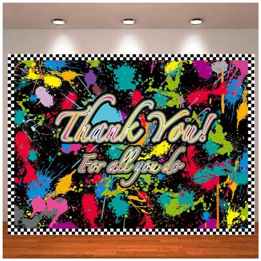 

Photography Backdrop Rainbow Thank You Doctors Teacher Staff Party Neon Graffiti Splash Paint Background Decor Retired Employees