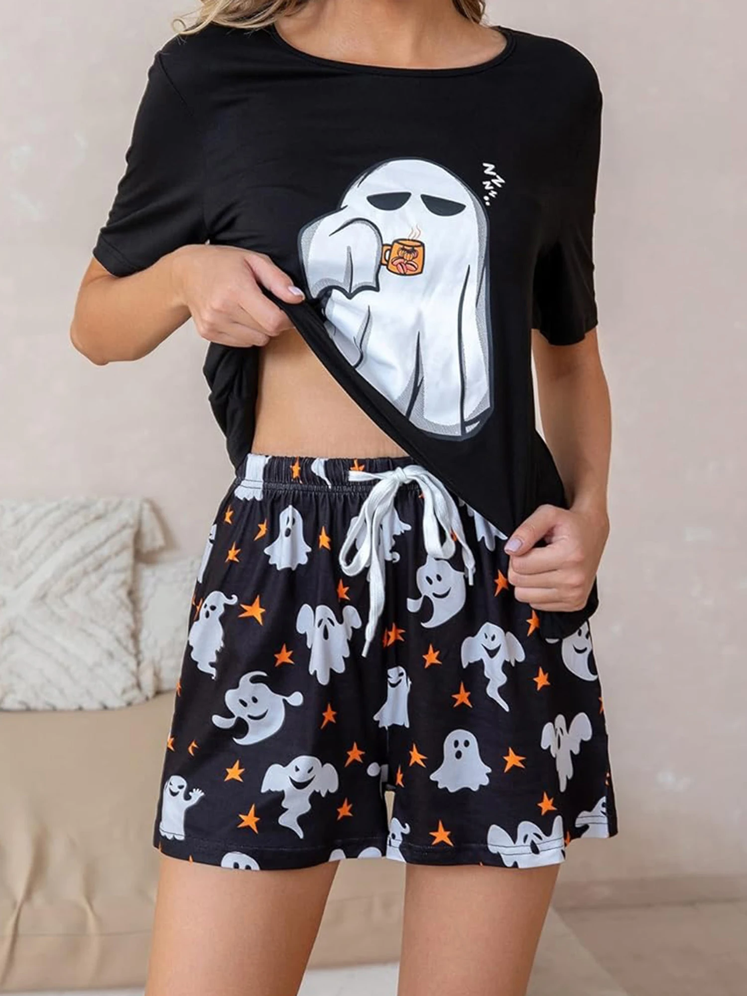 

Women s Halloween Costume 2 Piece Set Adorable Short Sleeve Printed T-Shirt Shorts Lounge Wear Outfit for Fall