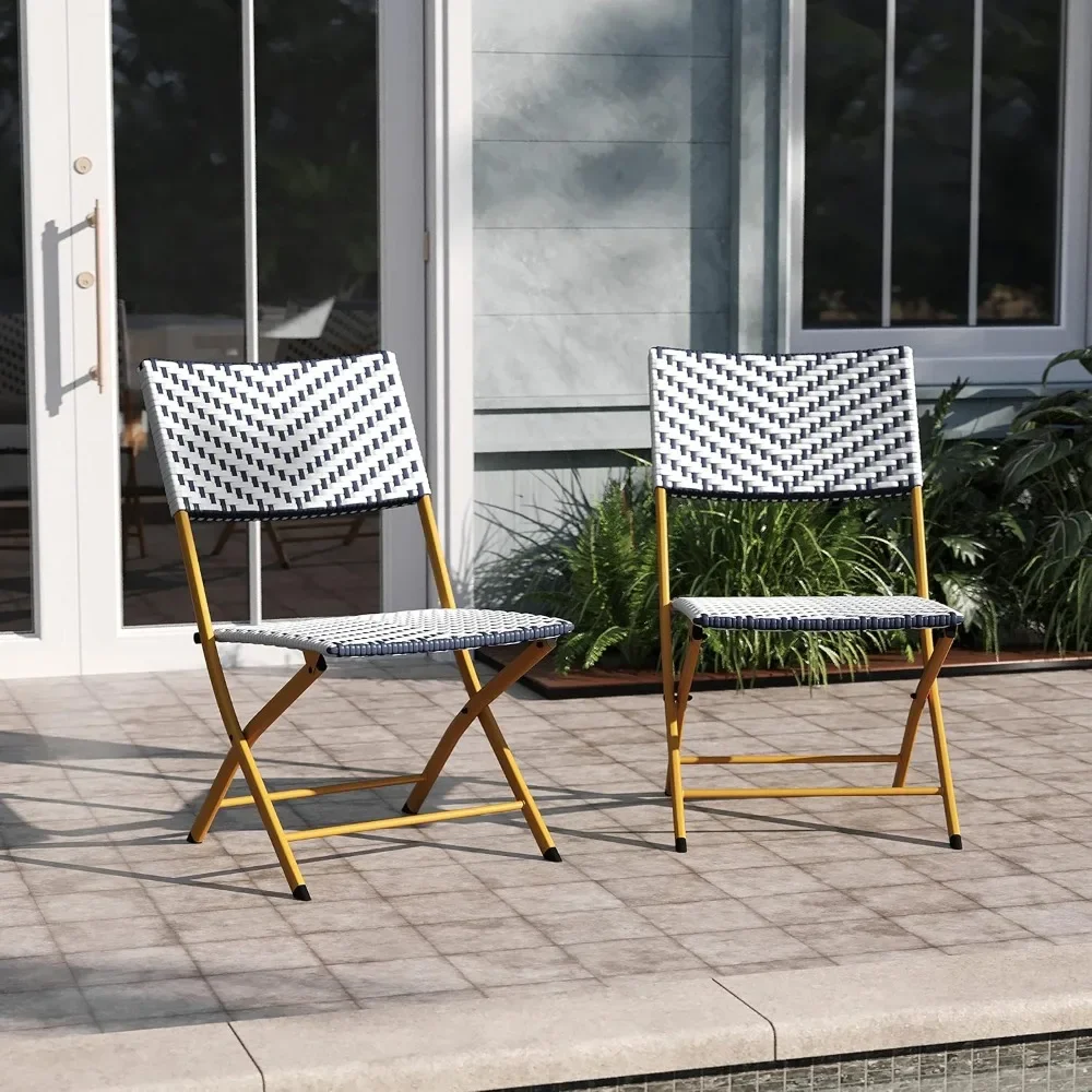 Ciel-Chaises de bistrot françaises pliantes en rotin PE, deux pièces, bleu marine et blanc, finition naturelle, cadres métalliques, intérieur et extérieur