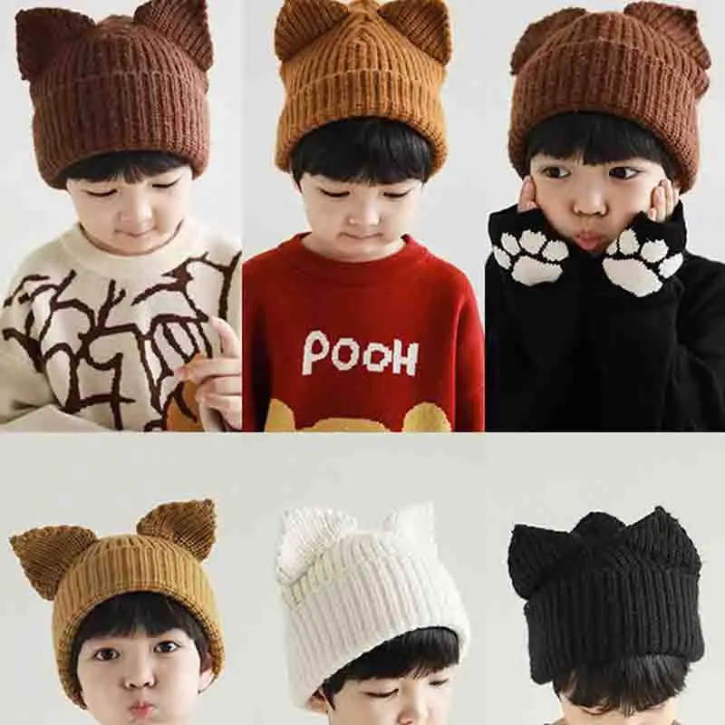 Gorro de lana con orejas de zorro para niños de mediana edad, gorro informal con orejas de animales, cálido, a la moda, para primavera y otoño