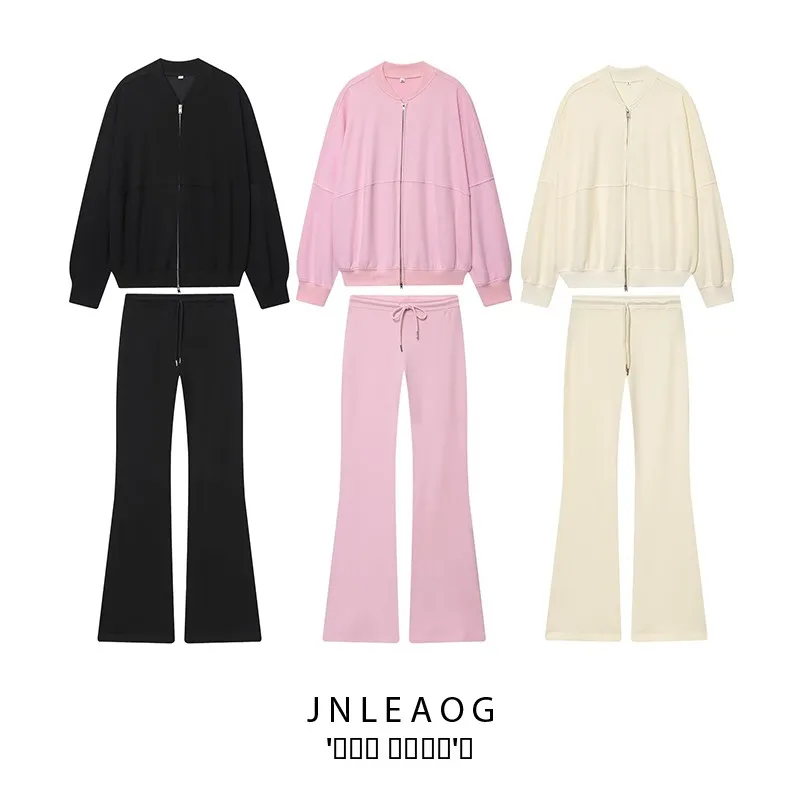 JNLEAOG خريف جديد المرأة Faion مجموعة الطيار Jaet على الوجهين القماش متوهج السراويل المتشابكة عالية الخصر طويلة Sve جولة Ne #1