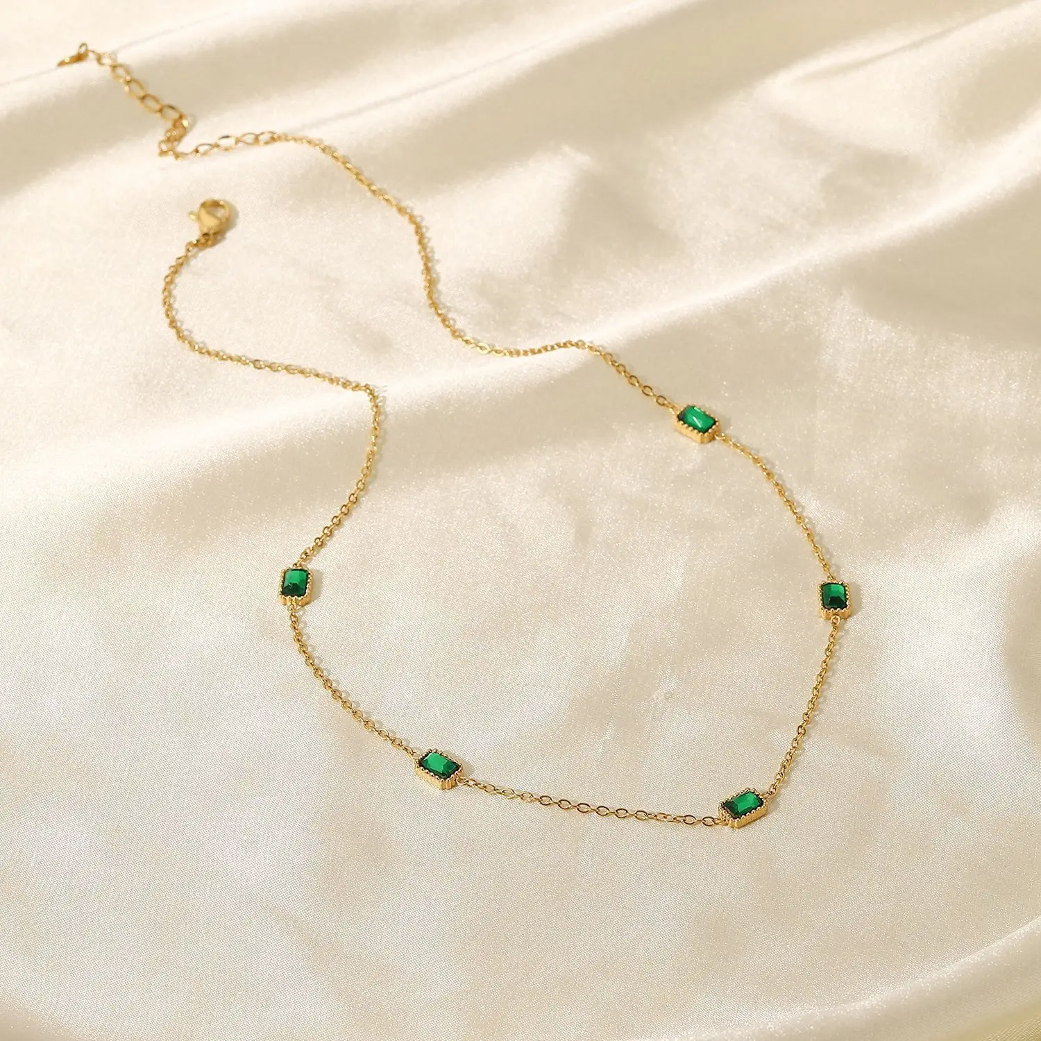 Dainty Emerald CZ Station Necklace Gold Plated Ideal Birthday Gift Non Tarnish Women's Daily Statement Jewelry