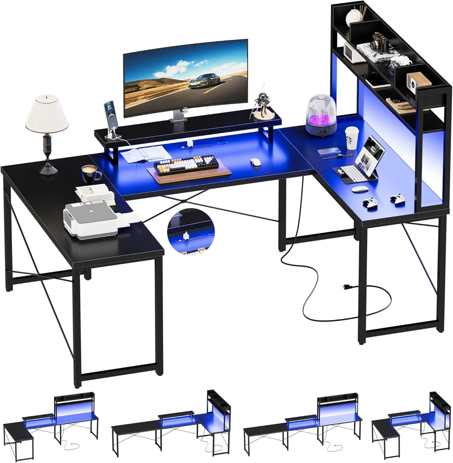 

U Shaped Desk with Hutch, Reversible L Shaped Computer Desk with Power Outlets and LED Strip, Large Office Table with Mo