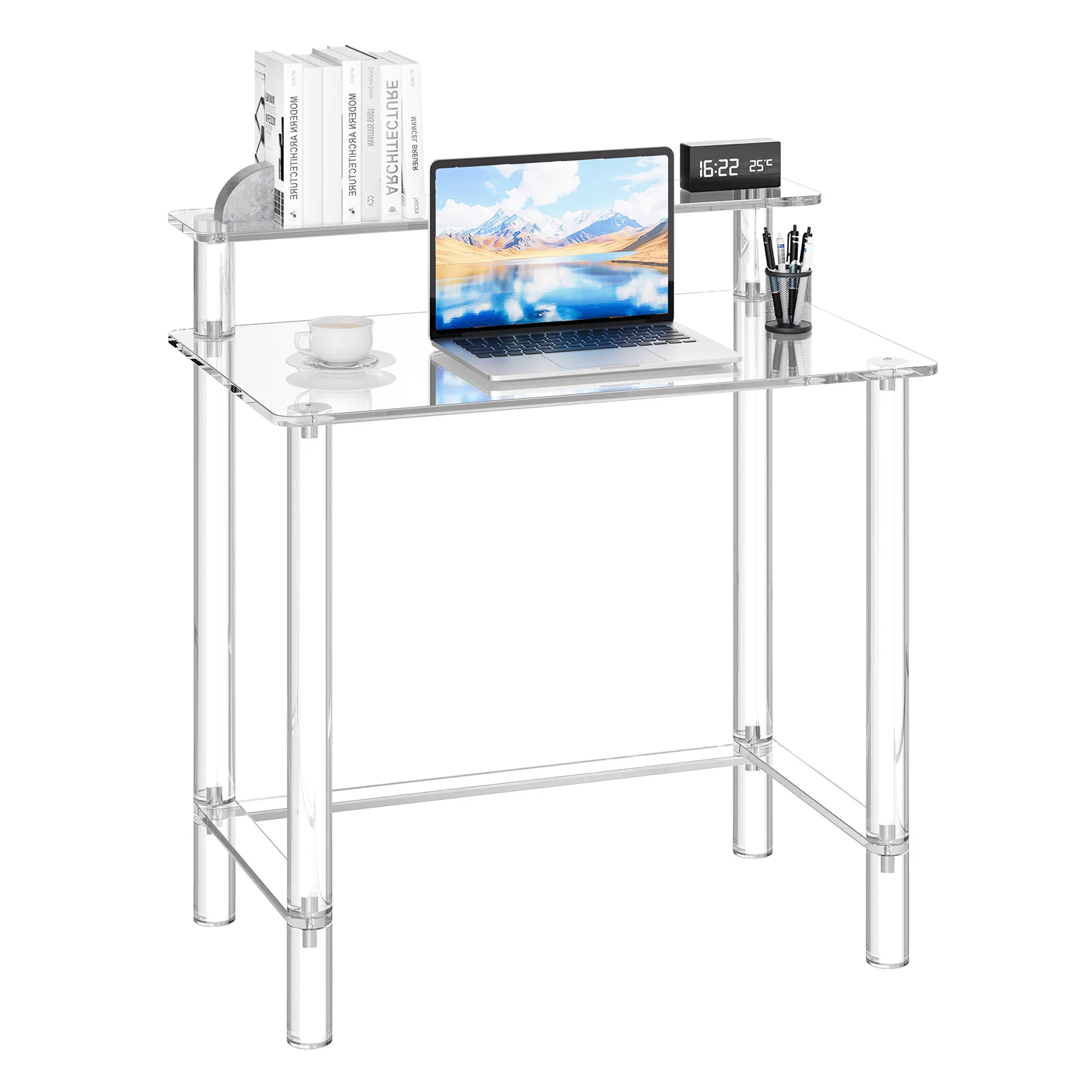 Bureau d'ordinateur en acrylique SucceBuy à 2 niveaux transparent avec support pour écran, idéal pour chambre, bureau, salle d'étude, vestiaire