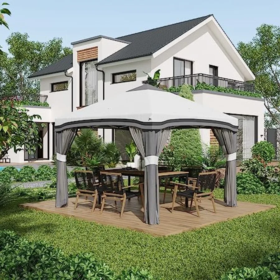 Outdoor garden patio pop up canopy tent, polyester fabric, beige, height adjustable with netting and wheeled carry bag view 2