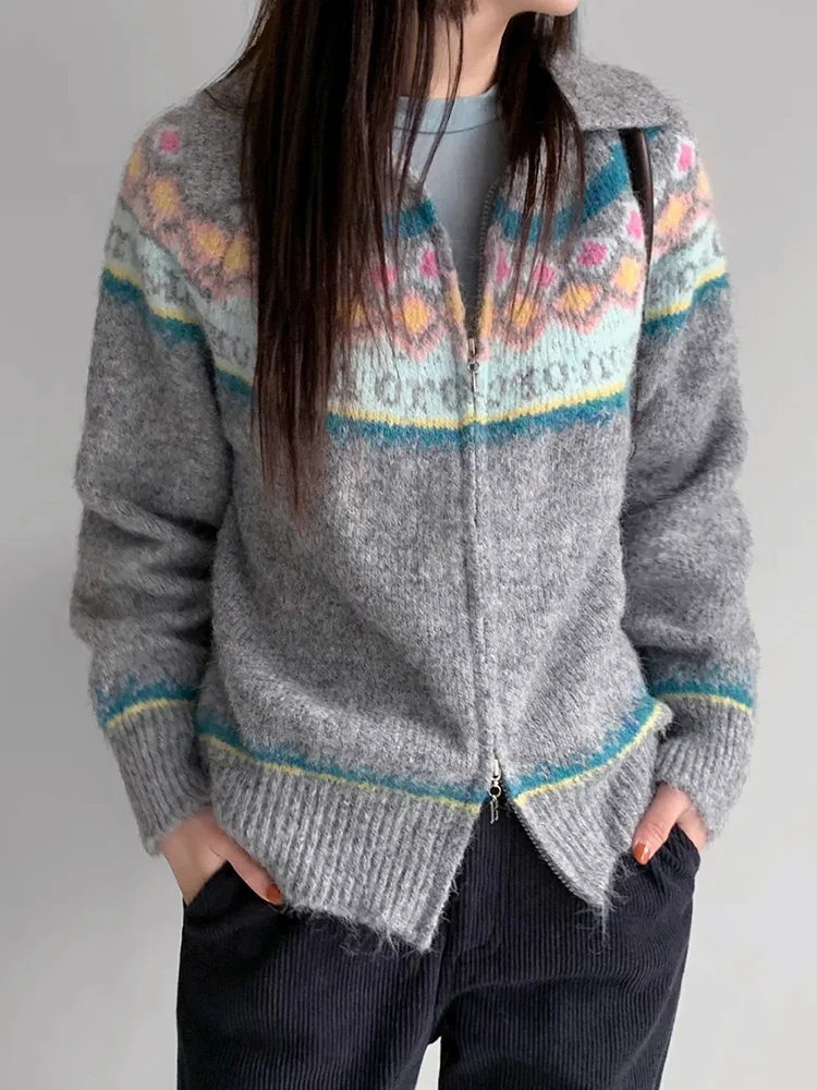 

Женский свитер Fairisle на молнии, кардиган Fair Isle, милый розовый свитер на молнии с воротником спереди, вязаная куртка для девочек-подростков, осень-зима