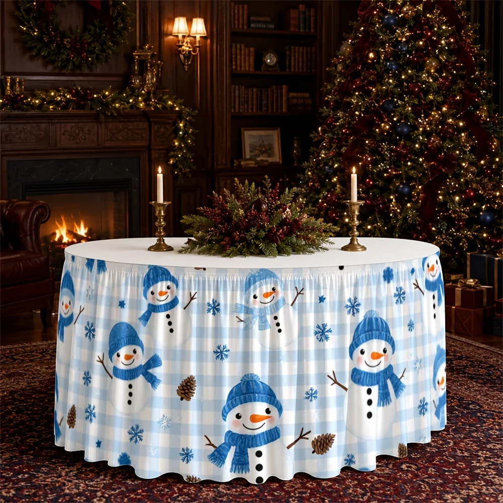 Table skirt / tableskirt, winter, snowman, check pattern, blue and white, fresh, Christmas