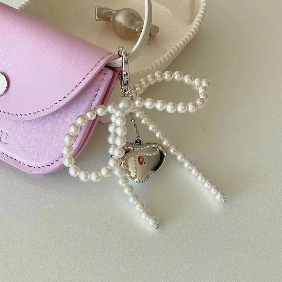 White Bowknot Heart Keychain Women Sweet Charm Pearl Bow Backpack Key Ring Handmade Jewelry Ornament Bags Pendants Gifts image 5