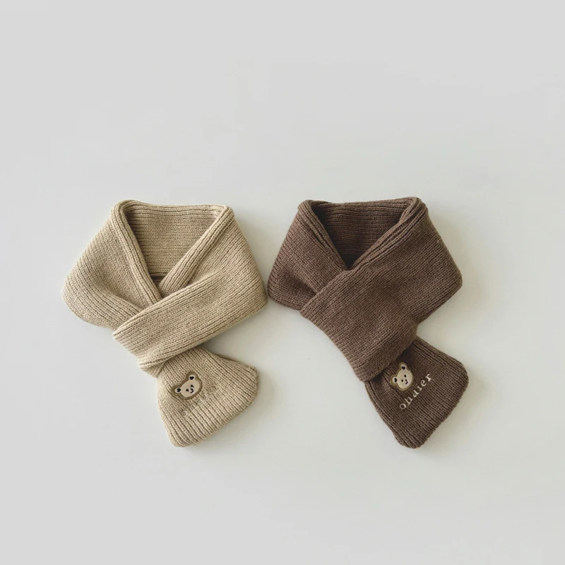 Cute Bear Children Scarf Solid Color Woolen Knit Scarves Winter Warm Kids Neck Cover 2-8year Boys Girls Baby Cross Neckerchief